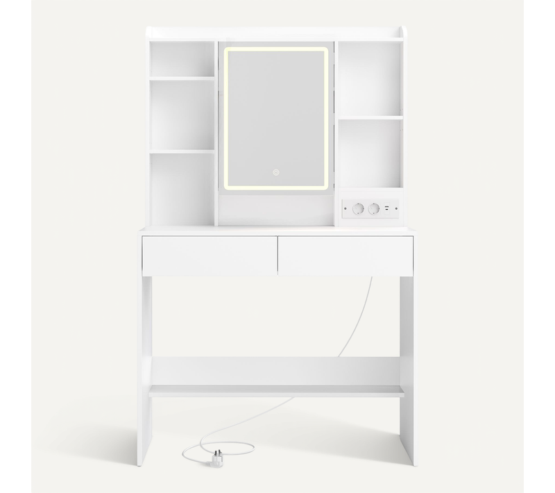 Coiffeuse Avec Miroir LED, 3 Couleurs, Luminosité Réglable, Avec Multiprise, 2 Tiroirs, Blanc