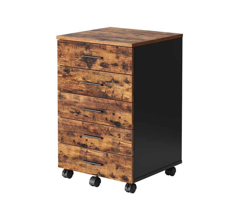 Caisson De Bureau à Roulettes, Support Pour Imprimante, Avec 5 Tiroirs, Rails Coulissants, Marron