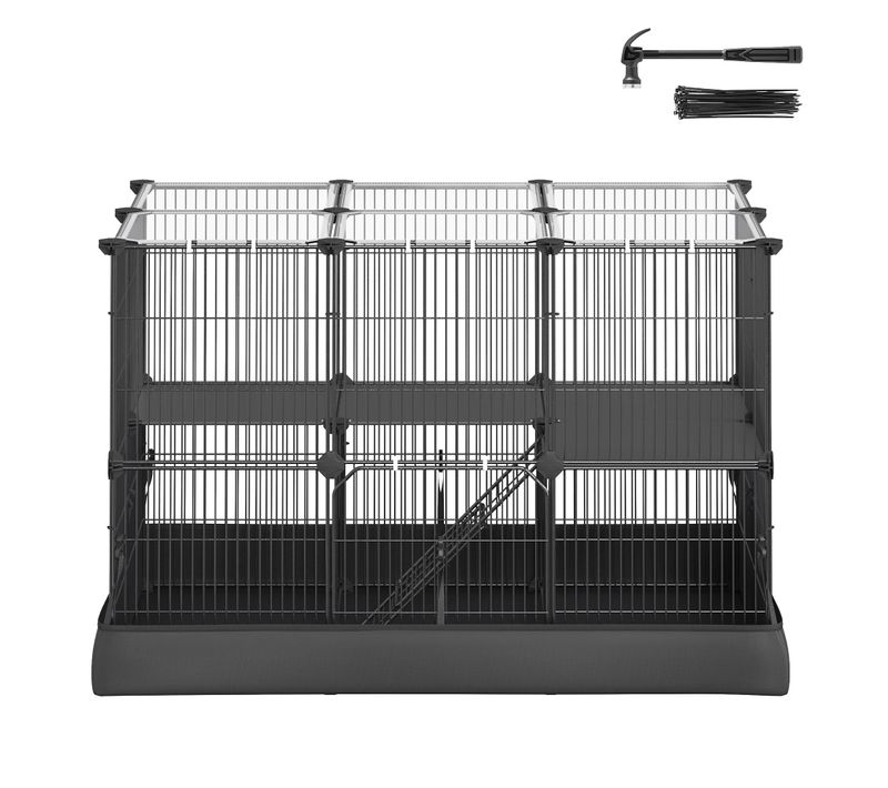 Cage à Hamster à 2 Niveaux, Cage à Lapin, 35 Panneaux, Tapis Imperméable, Double Porte, Noir