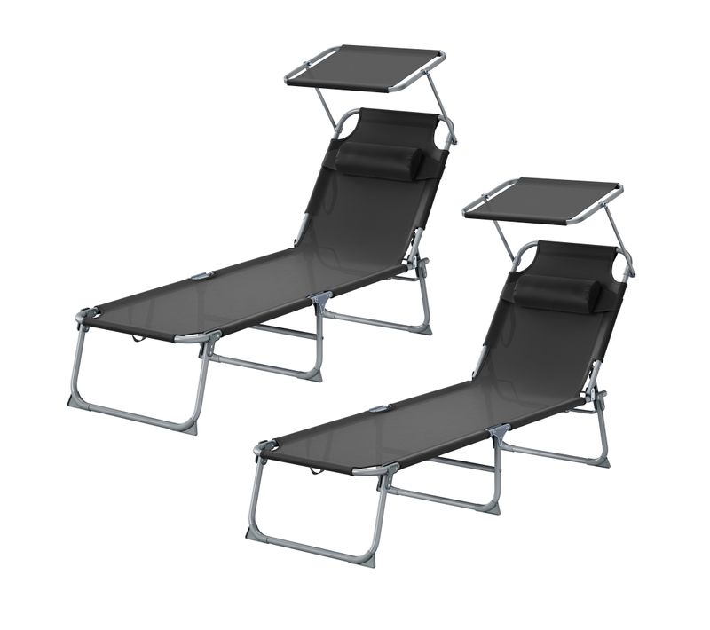 Transats Pliants Extérieur, Appui-tête, Dossier Et Pare-soleil Réglables, Lot De 2, Noir