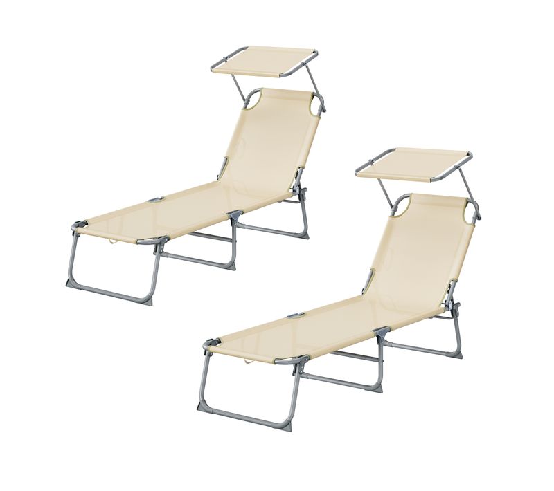 Transats Pliants Extérieur, Dossier Et Pare-soleil Réglables, Chaises Longues, Lot De 2, Beige