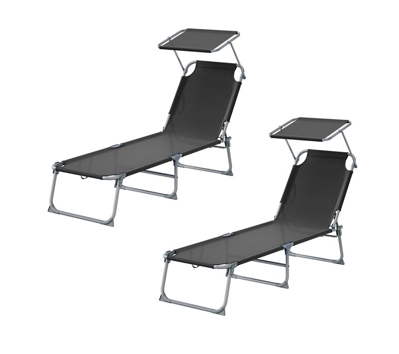 Transats Pliants Extérieur, Dossier Et Pare-soleil Réglables, Chaises Longues, Lot De 2, Noir