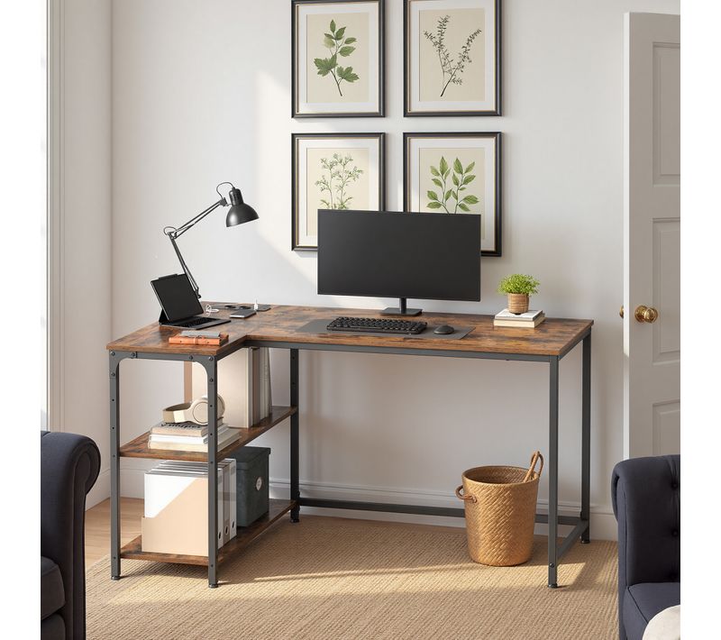 Bureau En L, étagères Réglables Avec Rangement, Prises électriques Et Ports USB, 120 X 80 Cm, Marron