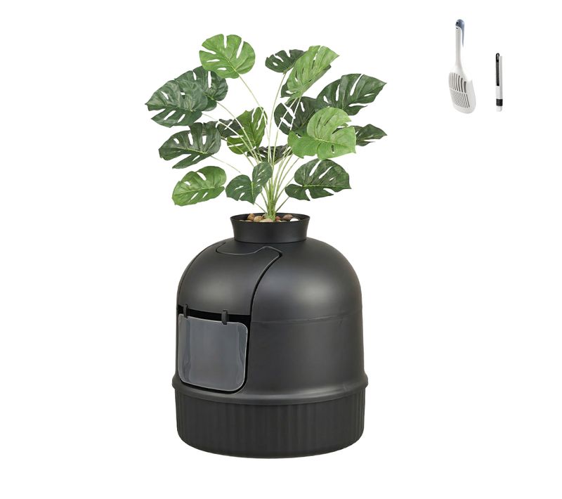 Meuble Pour Litière De Chat Avec Plante Artificielle, Filtre à Charbon, Galets Décoratifs, Noir