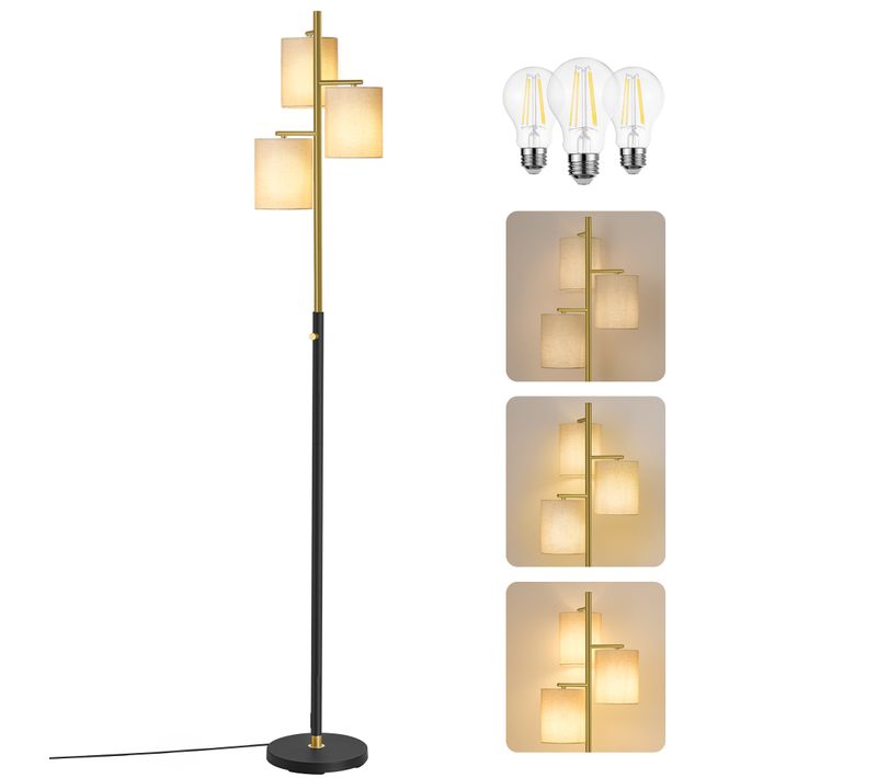 Lampadaire Sur Pied Salon, Avec 3 Ampoules, 3 Douilles E27, Intensité Réglable, Doré Et Noir