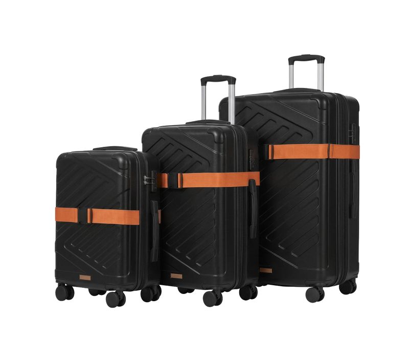 Valise Extensible Lot De 3, Avec Serrure Tsa Et 4 Roulettes Doubles, Pour Voyage, Abs, Noir