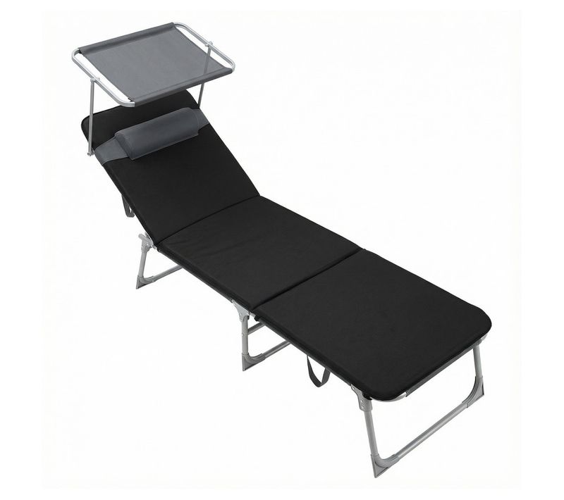 Transat De Jardin Pliable, Dossier Réglable, Chaise Longue Avec Pare-soleil, Gris Et Noir