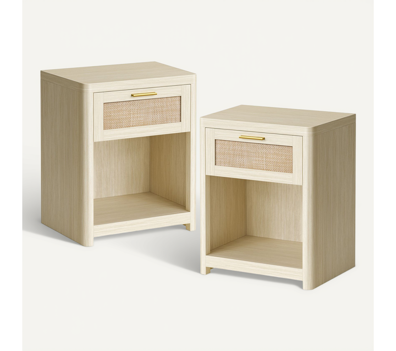 Table De Chevet, Lot De 2, Style Bohème, Table D’appoint, Avec Tiroir Effet Cannage, Beige