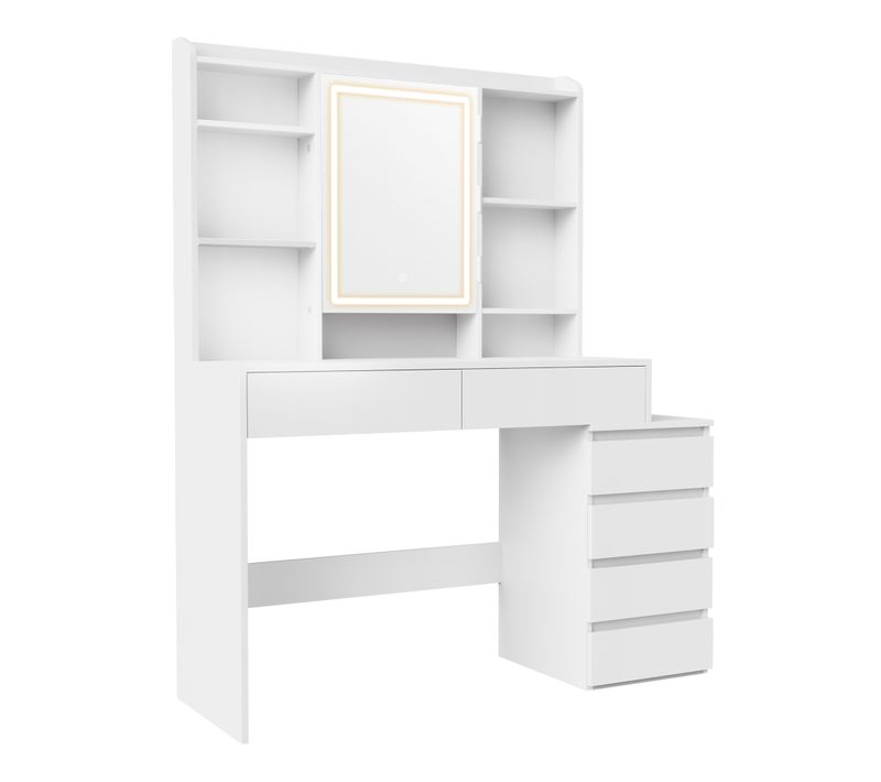 Coiffeuse, Avec Grand Miroir LED Avec Tabouret, 40 X 118,3 X 145 Cm, Blanc