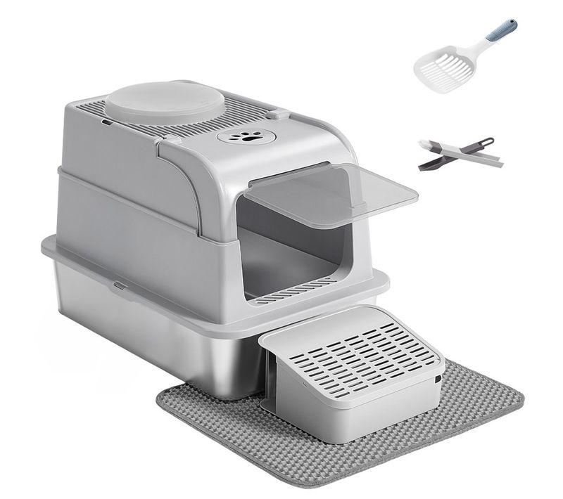 Maison De Toilette Pour Chat, Acier Inoxydable, 2 Entrées, Avec Pelle Et Brosse, Gris Clair