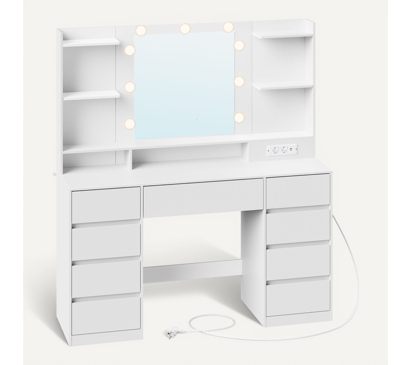 Coiffeuse Avec Miroir LED, Multiprise, 9 Tiroirs, 9 Ampoules, éclairage 3 Couleurs, Blanc