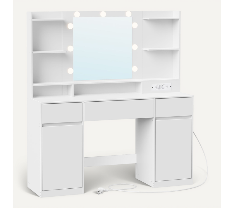 Coiffeuse Avec Miroir LED, Multiprise, 2 Placards, 9 Ampoules, éclairage 3 Couleurs, Blanc