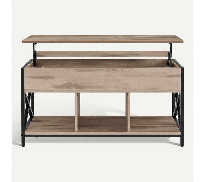 Table De Salon Relevable, Meuble Bas Avec Rangement Ouvert Et Caché, Structure Acier, Marron Et Noir