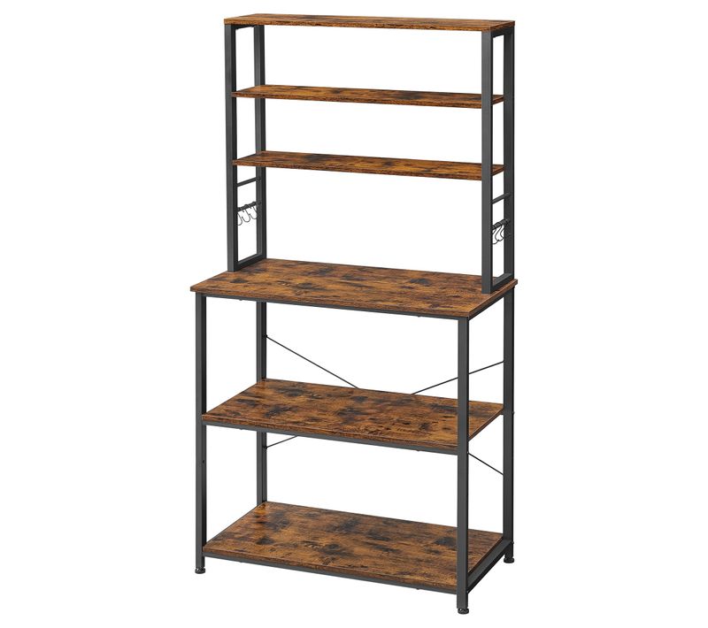 Étagère De Boulanger, Bar à Café De Cuisine, 6 Étagères Et 6 Crochets, Marron Et Noir