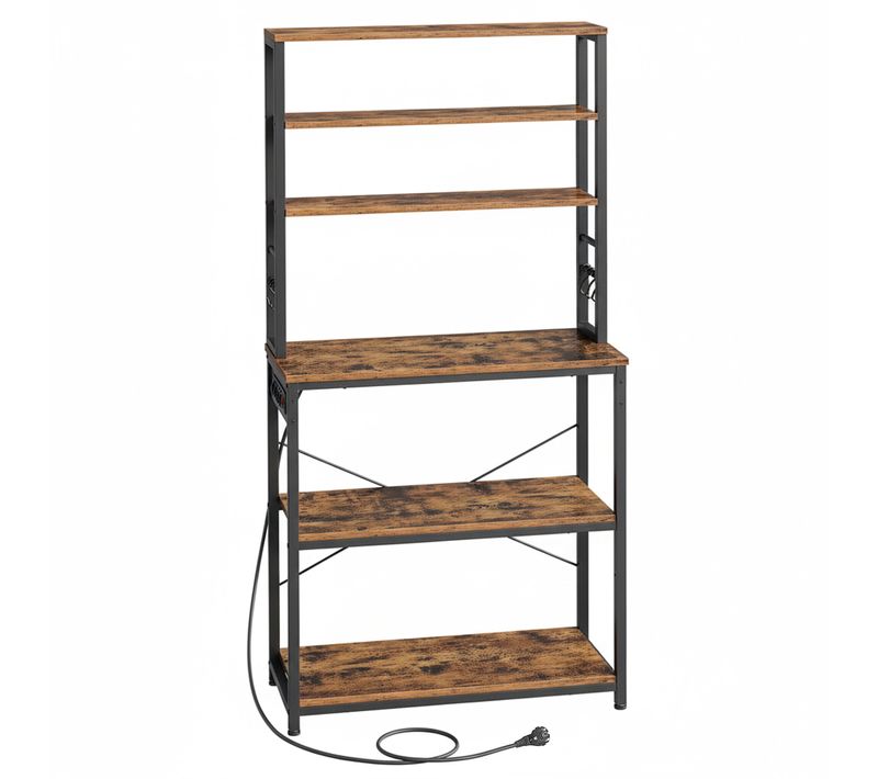 Étagère De Cuisine à 6 Niveaux Avec Prise De Courant Et 6 Crochets, Bar à Café, Marron Et Noir