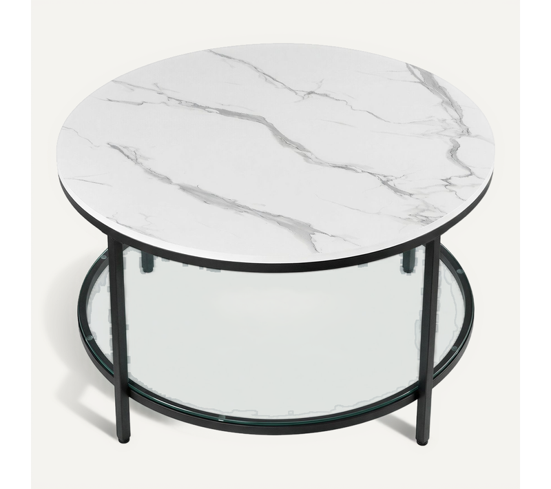 Table Basse Ronde Avec étagère En Verre Trempé, Table De Salon, Style Moderne, Salon, Blanc Et Noir