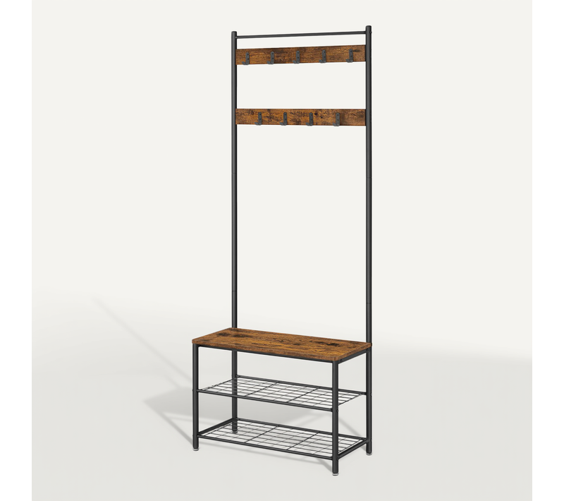 Portemanteau, Vestiaire Avec Banc De Rangement Pour Chaussures, Style Industriel, Marron Et Noir