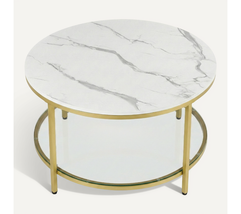 Table Basse Ronde Avec étagère En Verre Trempé, Table De Salon, Style Moderne, Salon, Blanc