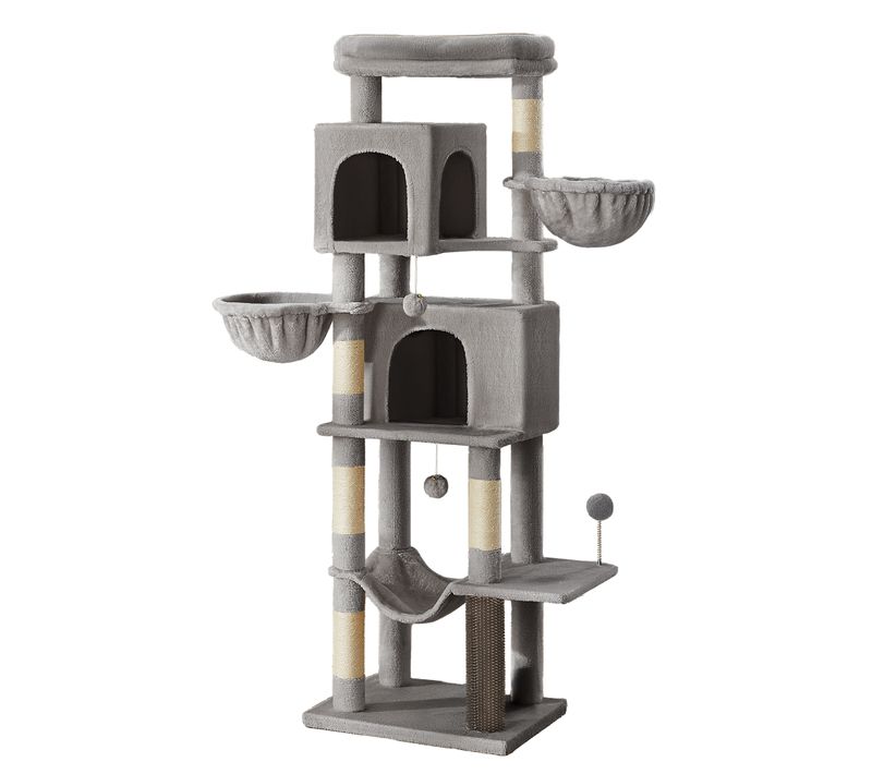 Grand Arbre à Chat 175 Cm, 2 Paniers, 2 Niches, 5 Griffoirs, Toilettage Autonome, Hamac, Perchoir