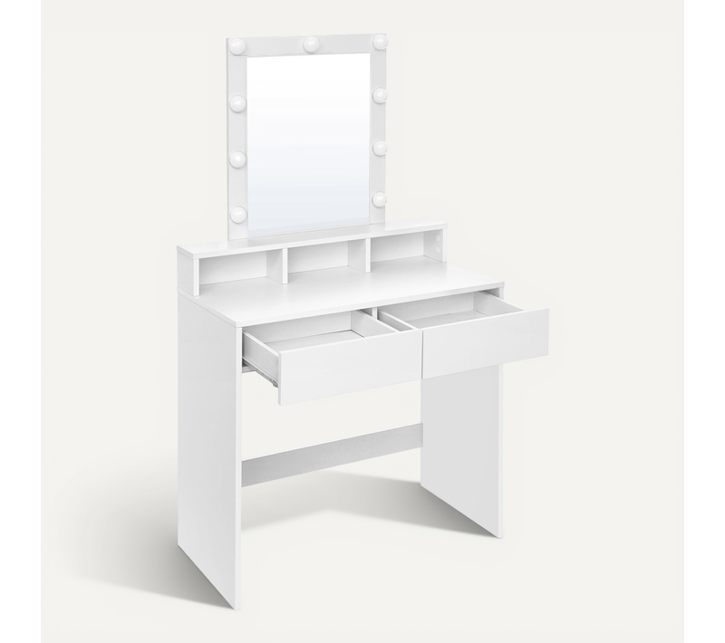 Coiffeuse Avec Grand Miroir LED, 2 Tiroirs Et 3 Compartiments, Coin Beauté, Style Moderne, Blanc