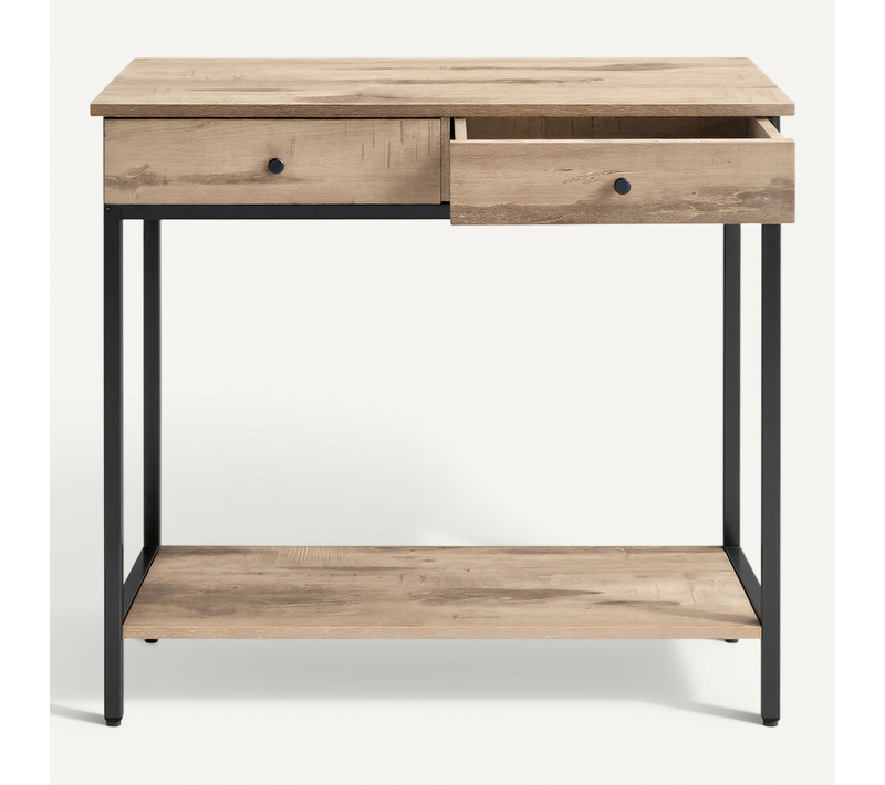 Console D’entrée Industrielle, Avec 2 Tiroirs, Table Basse En Acier, Camel Et Noir
