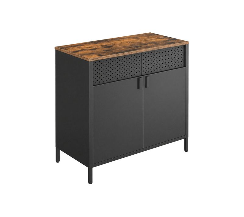 Buffet De Rangement En Acier, Armoire à Double Porte, Fermeture Magnétique, Marron Et Noir