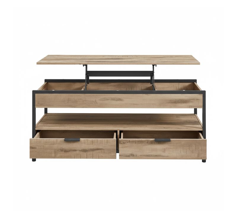 Table De Café Avec Rangement Ouvert, Plateau Relevable, Tiroirs, Compartiment Caché, Marron Et Noir