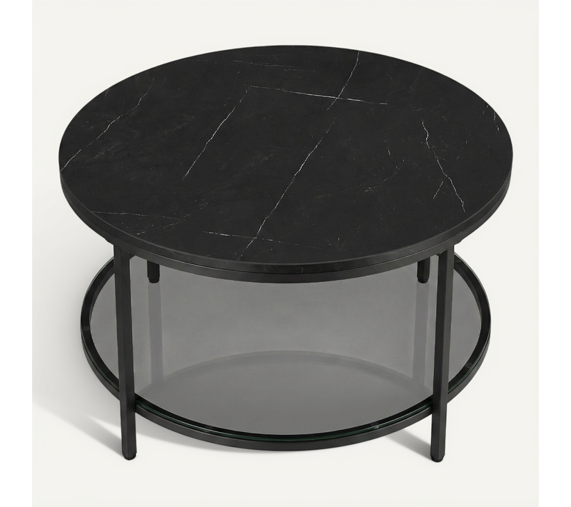 Table Basse Ronde Avec étagère En Verre Trempé, Montage Facile, Style Moderne, Salon, Noir