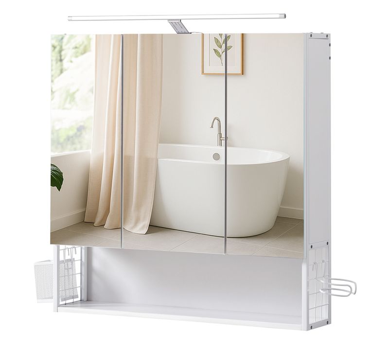 Meuble De Salle De Bain Avec Éclairage LED, Avec Prise, Porte Sèche-cheveux, Grand Espace, Blanc