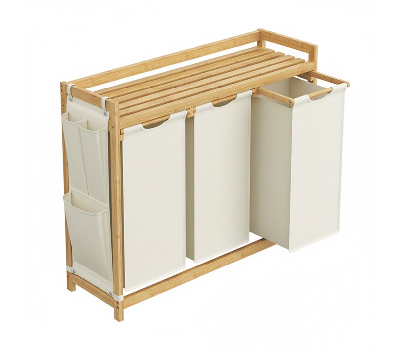 Trieur à Linge 3 Compartiments, Grand Panier 150 L Avec Étagère Et Poches Latérales, Blanc