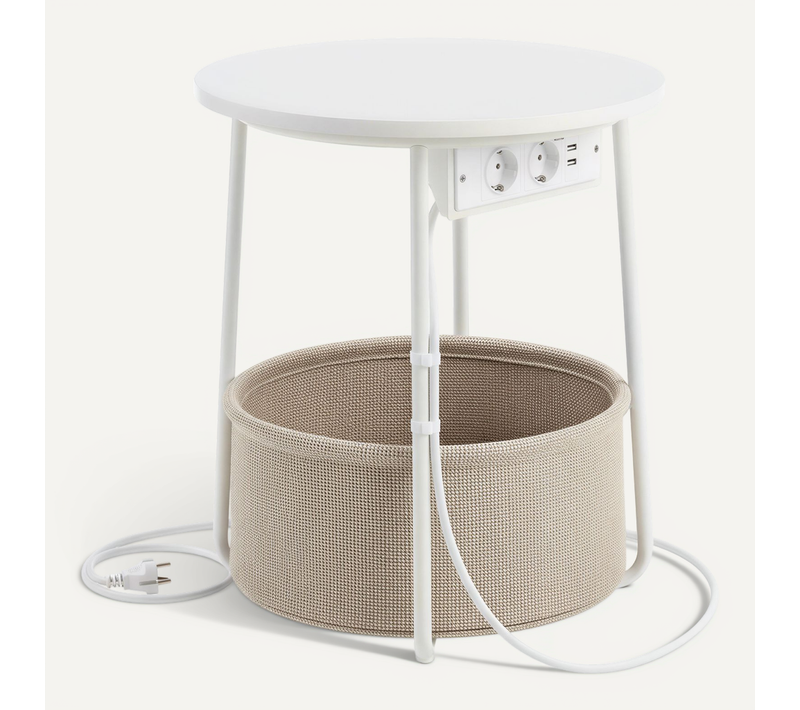 Petite Table Basse Ronde, Avec Panier En Tissu Et Multiprise, Blanc Mat Et Marron Camel