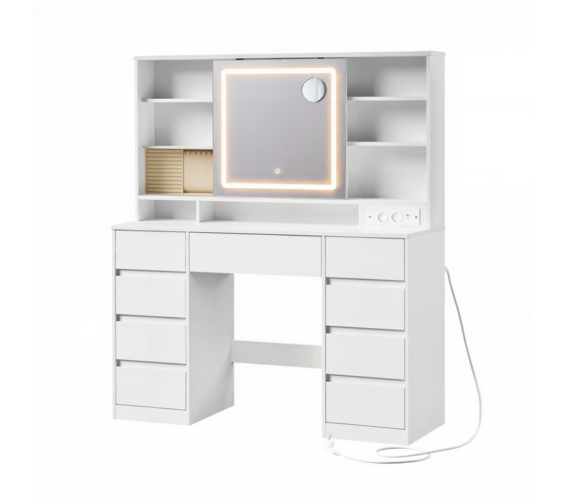 Coiffeuse Avec éclairage Et Miroir, Table De Maquillage, 9 Tiroirs, Chargeur Intégré, Chambre, Blanc