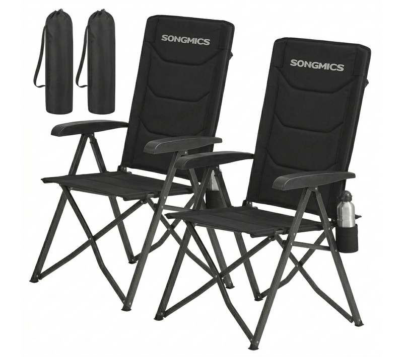 Chaise De Camping, Lot De 2, Dossier Réglable 95°-150°, Porte-gobelet, Sac De Transport, Pêche, Noir