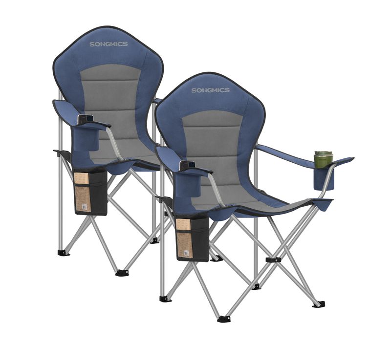 Chaise Pliante D’extérieur, Lot De 2, Dossier Haut, Porte-gobelet, Poche, Portable, Bleu Et Gris