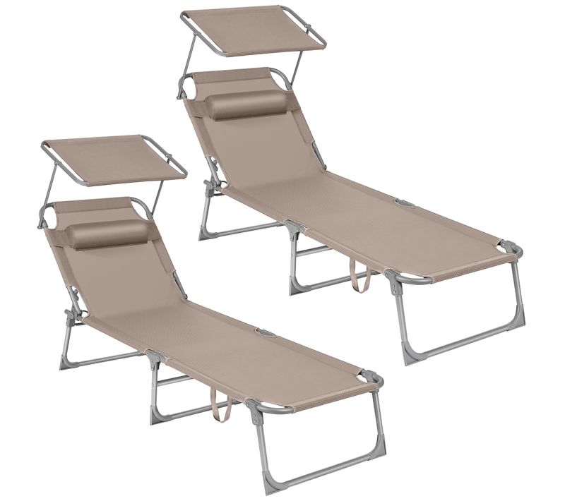 Transat, Lot De 2, 193 X 53 X 29 Cm, Avec Appuie-tête, Pare-soleil Et Dossier Réglable, Taupe