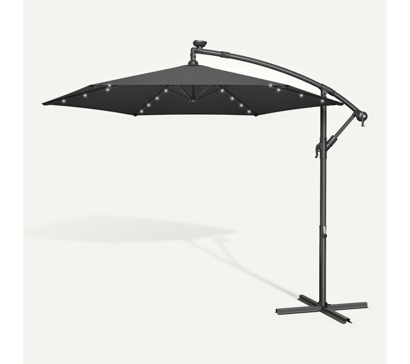 Parasol De 300 Cm De Diamètre, Avec 32 LED, Socle, Manivelle D’ouverture Et De Fermeture, Gris