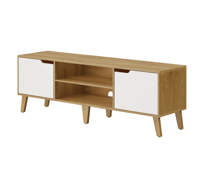Meuble TV 147 Cm, étagère Réglable, Pour TV 65 Pouces Max, Chêne Naturel/blanc