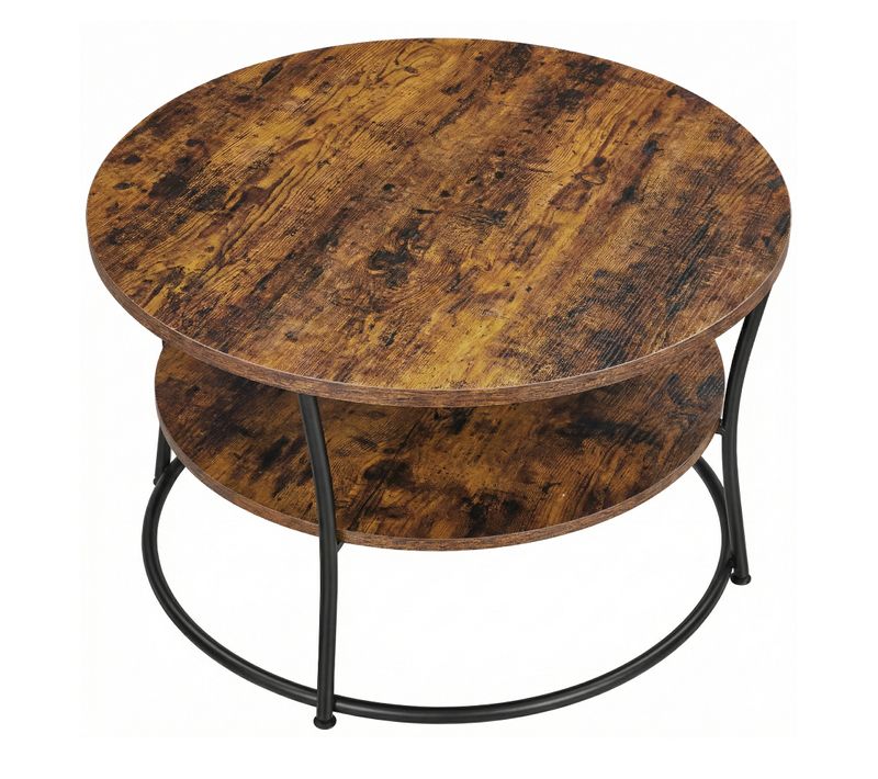 Table Ronde, Table Basse, Avec étagère De Rangement, Montage Facile, Cadre En Métal, Marron Et Noir