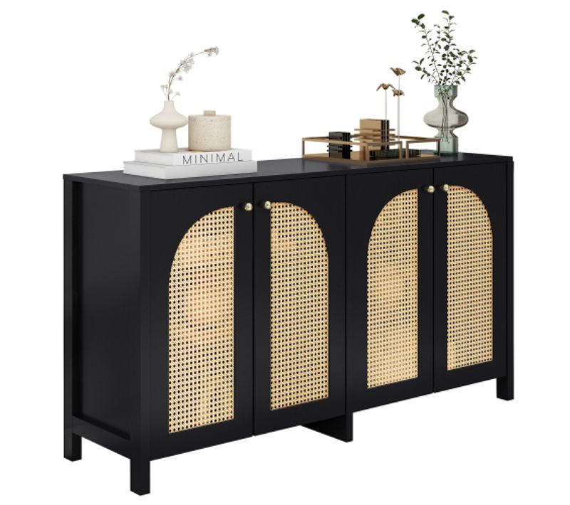 Buffet Minimaliste-avec 4 Portes-en Rotin Et Poignées En Métal-meuble De Rangement Simple-noir