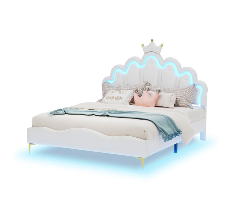 Lit Double Rembourré - Lit Princesse Avec LED Réglable  - Lit Enfant - 140 X 200 Cm - Blanc