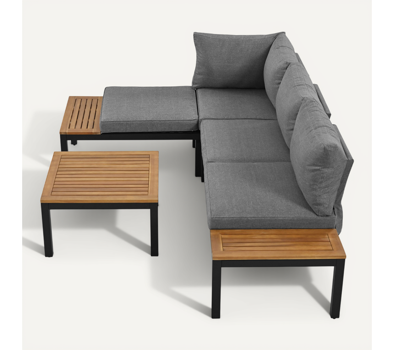 Salon De Jardin (2 Canapés 2 Places + 2 Tables + 1 Table) - Plateau Acacia + Housses - Gris