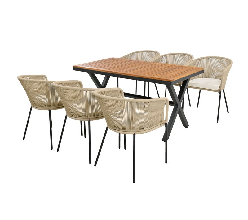 Set Repas Jardin 7 Places (6 Chaises + Table) - Corde Résistante, Table Acacia + Coussins Lavables