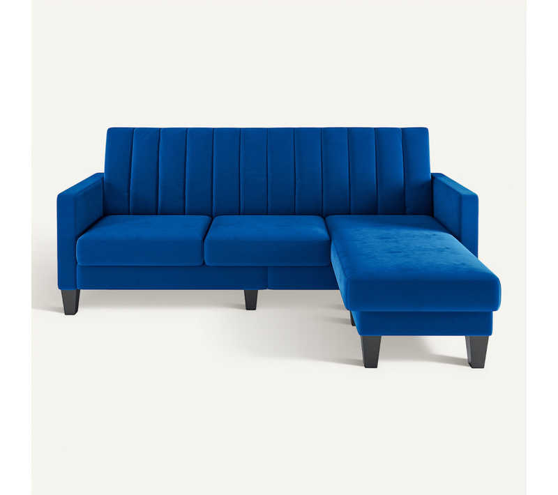Canapé D'angle 3 Places En Velours,repose-pieds Amovible,208 X 140 X 85cm,bleu