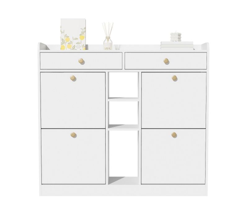 Meuble à Chaussures En Rotin-avec 2 Tiroir- 18 Paires-4 Portes Rabattables-pour Entrée-blanc