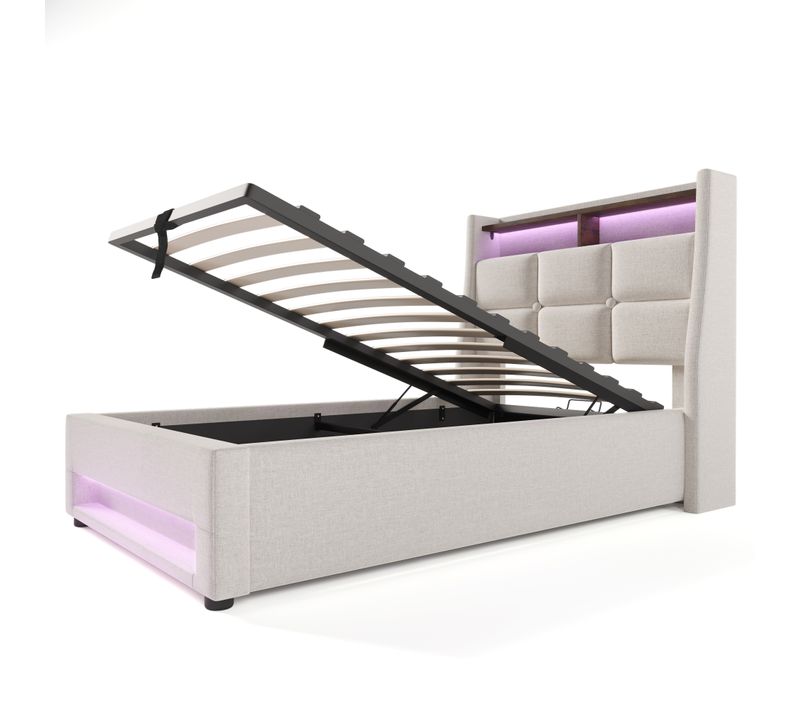 Lit Capitonné - 90x200cm - USB Et LED - Cadre Lin Beige