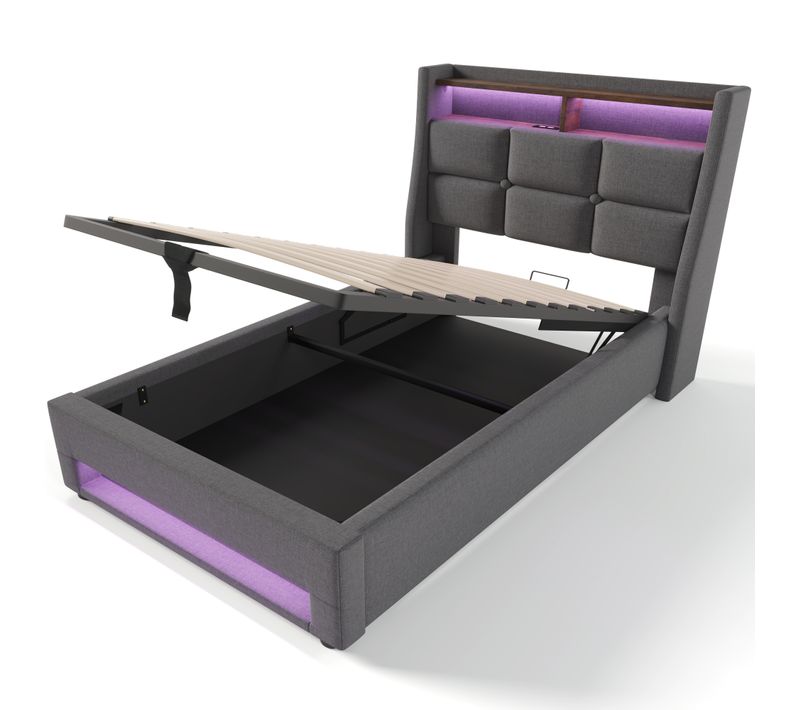 Lit Capitonné - 90x200cm - USB Et LED - Cadre En Lin Gris