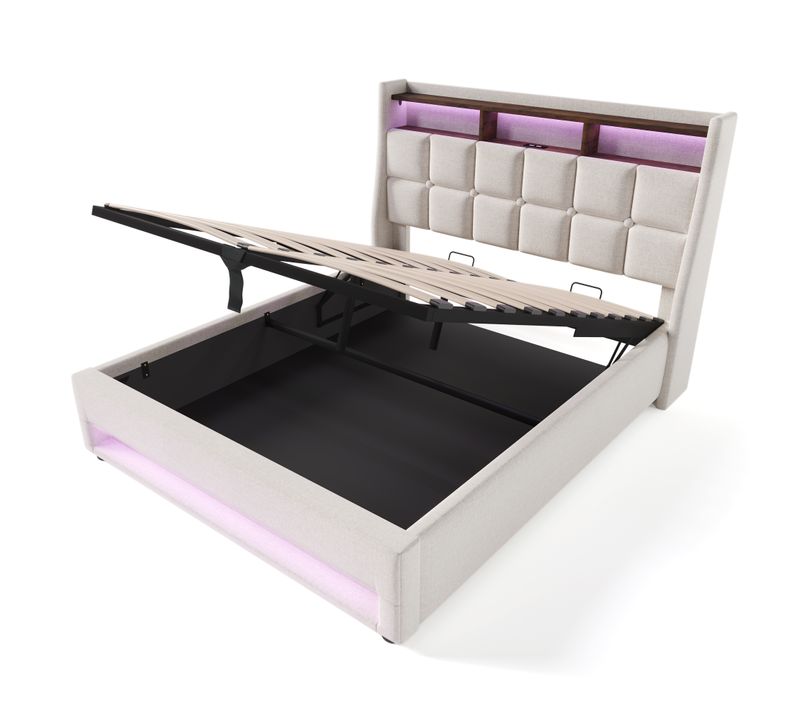 Lit Capitonné LED USB - 140x200cm - Beige - Cadre Lin