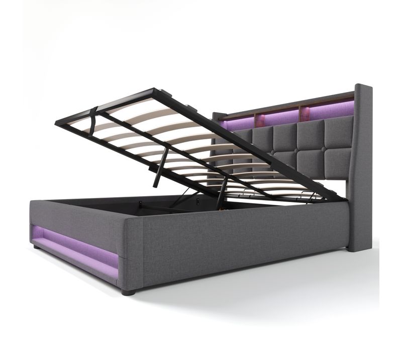 Lit Capitonné - 140x200cm - USB - LED - Cadre En Lin Gris