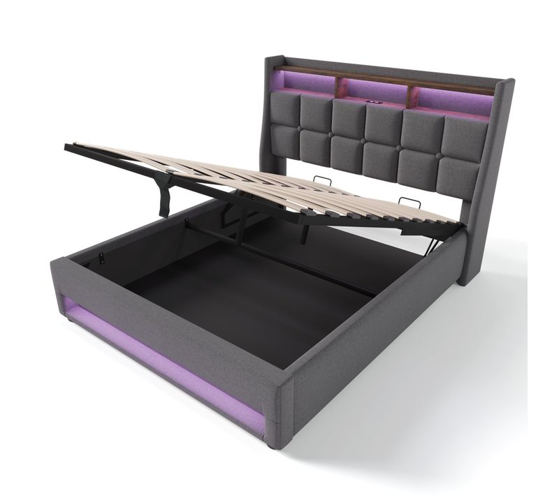 Lit Capitonné - 160x200cm - USB Et LED - Cadre En Lin - Gris/beige Clair