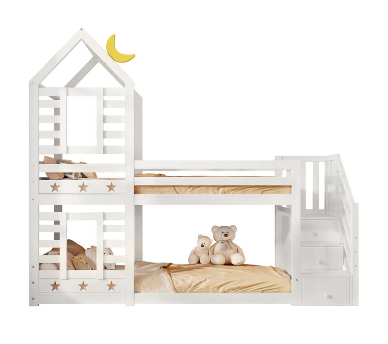 Lit Enfant-lit Superposé Cabane Avec Tiroirs-sommiers à Lattes-90 X 200 Cm-blanc